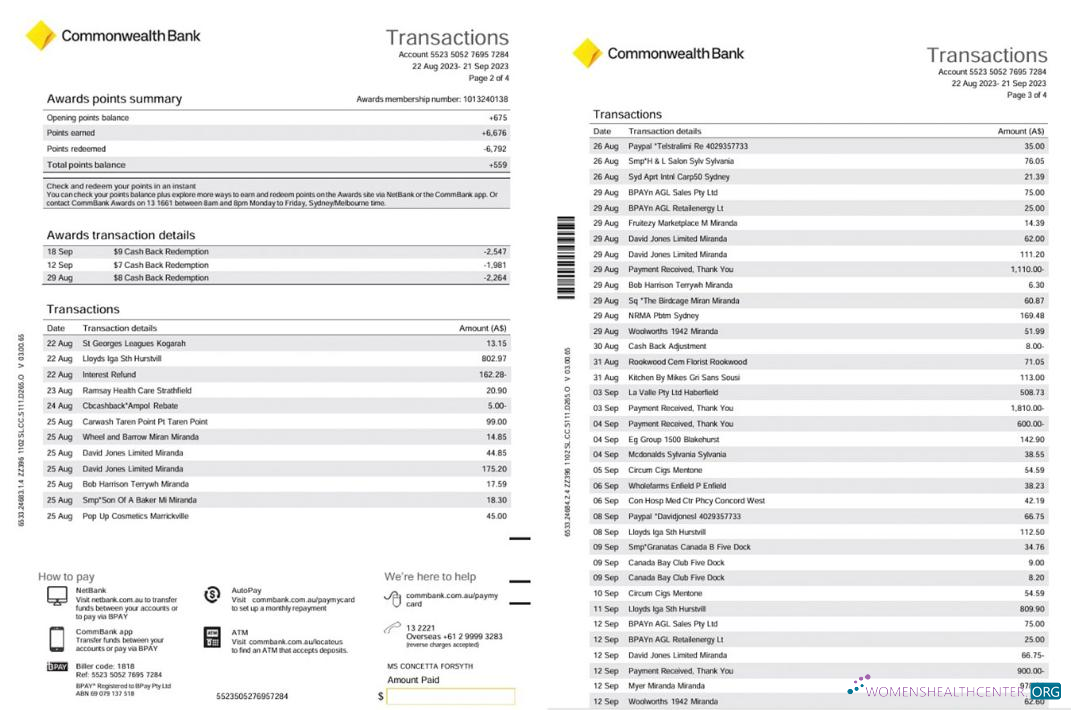 Download Australia NSW Commonwealth bank Diamond Awards Credit card statement 4 pages word